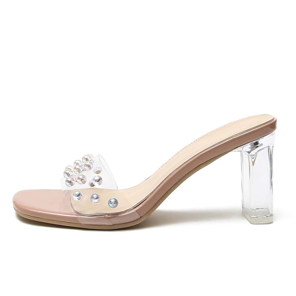 

Прозрачные мюли на каблуках с искусственным жемчугом, Хаки