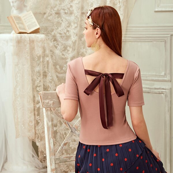 

Knot Back Rib-knit Slim Tee, Pink
