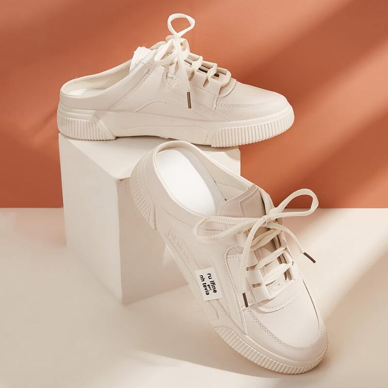 Lace-up Front Sneaker Mules, Beige