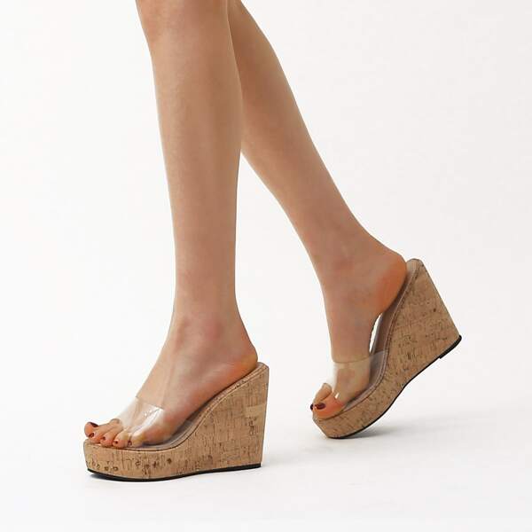 

Clear Open Toe Wedge Mules, Apricot