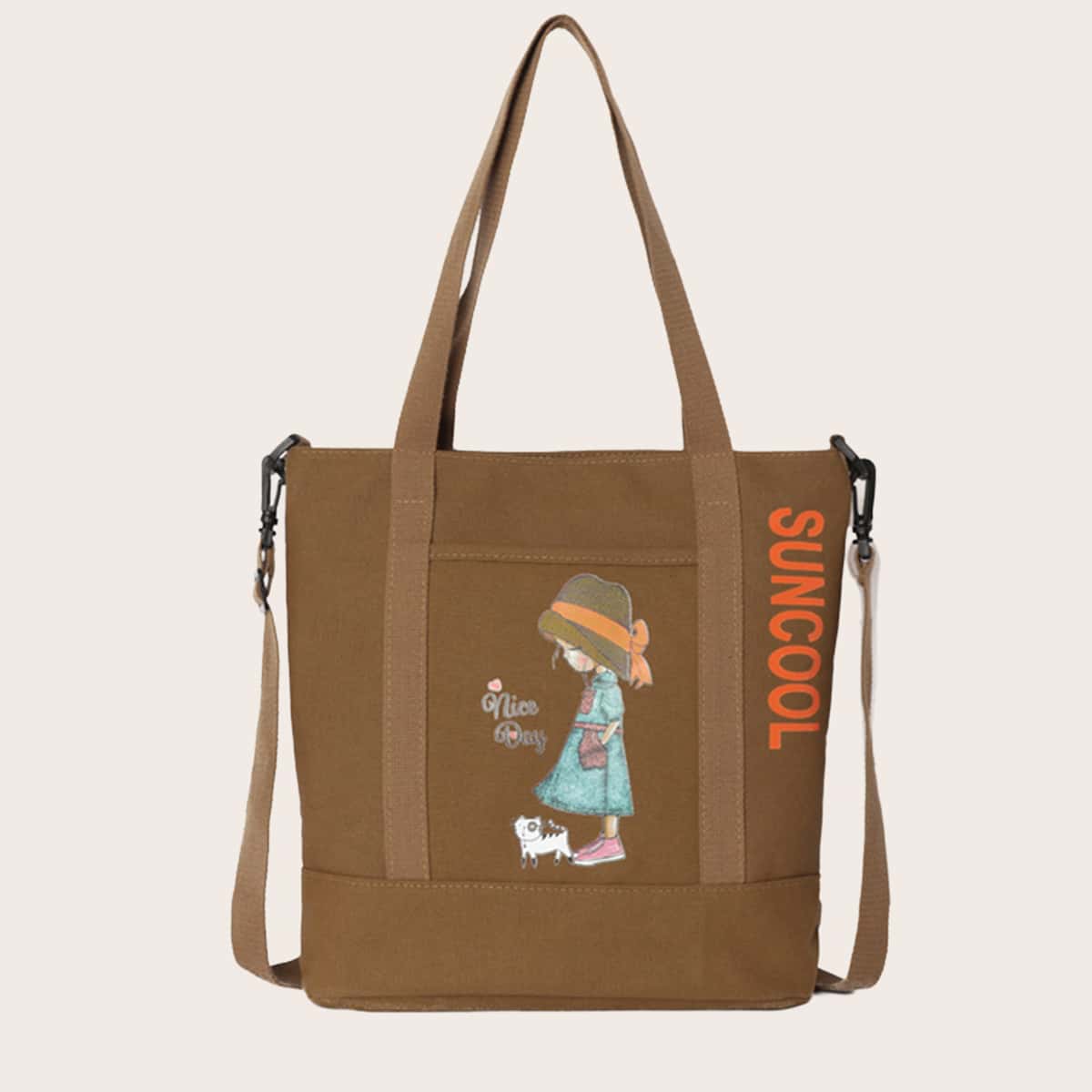 

Cartoon Graphic Tote Bag, Brown