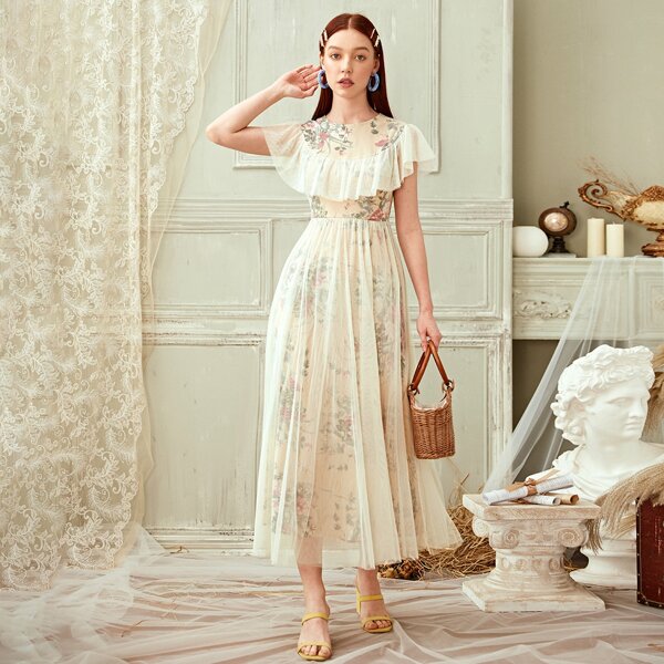 

Ruffle Trim Mesh Overlay Floral Print Dress, Beige
