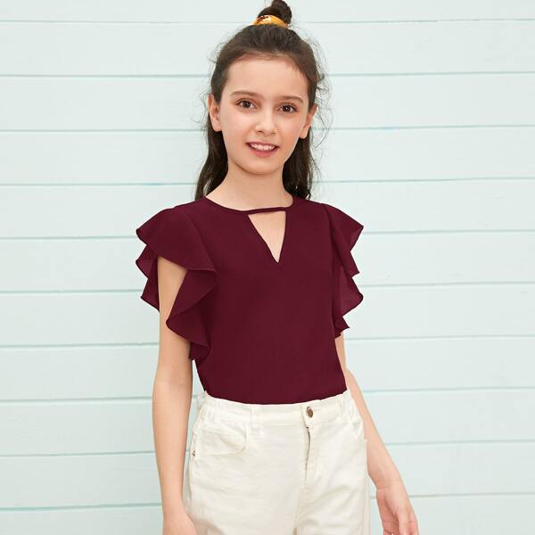 

Girls Keyhole Neck Butterfly Sleeve Top, Burgundy