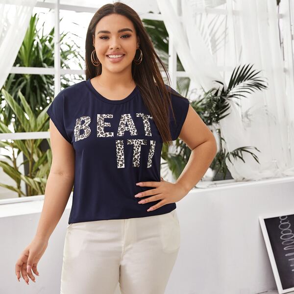 

Plus Leopard Letter Graphic Tee, Navy blue