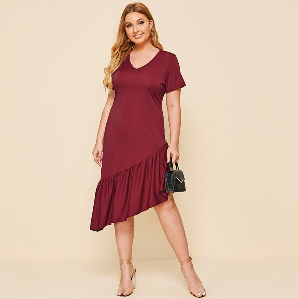 

Plus V-neck Asymmetrical Ruffle Hem Dress, Burgundy