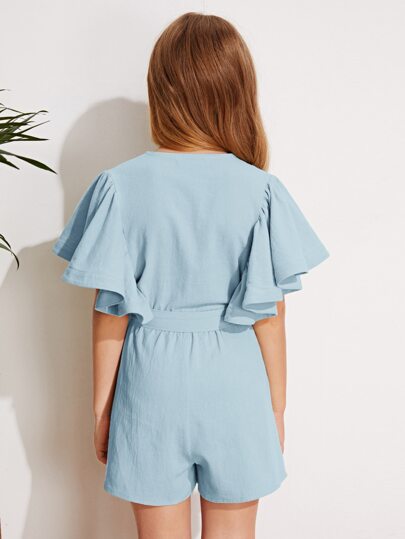 Girls Shawl Collar Flutter Sleeve Self Belted Romper