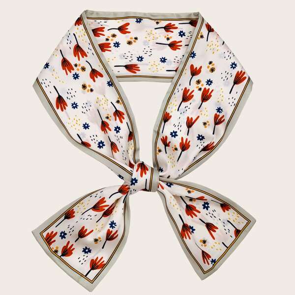 

Floral Pattern Twilly Scarf, Beige