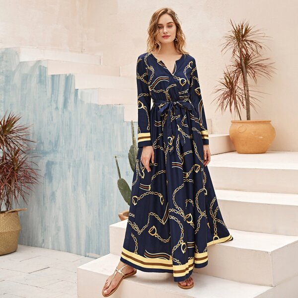 

Notched Neck Self Belted Chain Print Dress, Navy blue