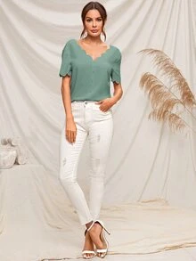 SHEIN Top con botón delantero ribete en abanico - Verde - Ver 3