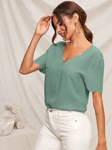 SHEIN Top con botón delantero ribete en abanico - Verde - Ver 5