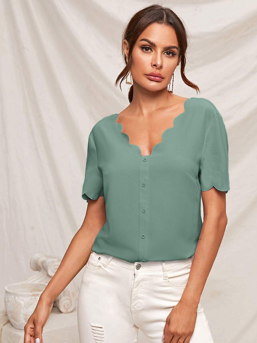 SHEIN Top con botón delantero ribete en abanico - Verde - Ver 1