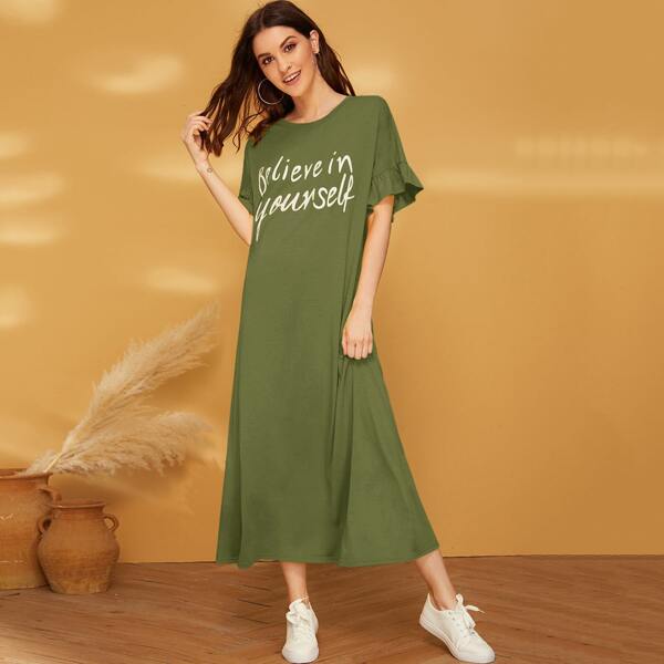 

Ruffle Cuff Slogan Graphic Nightdress, Army green