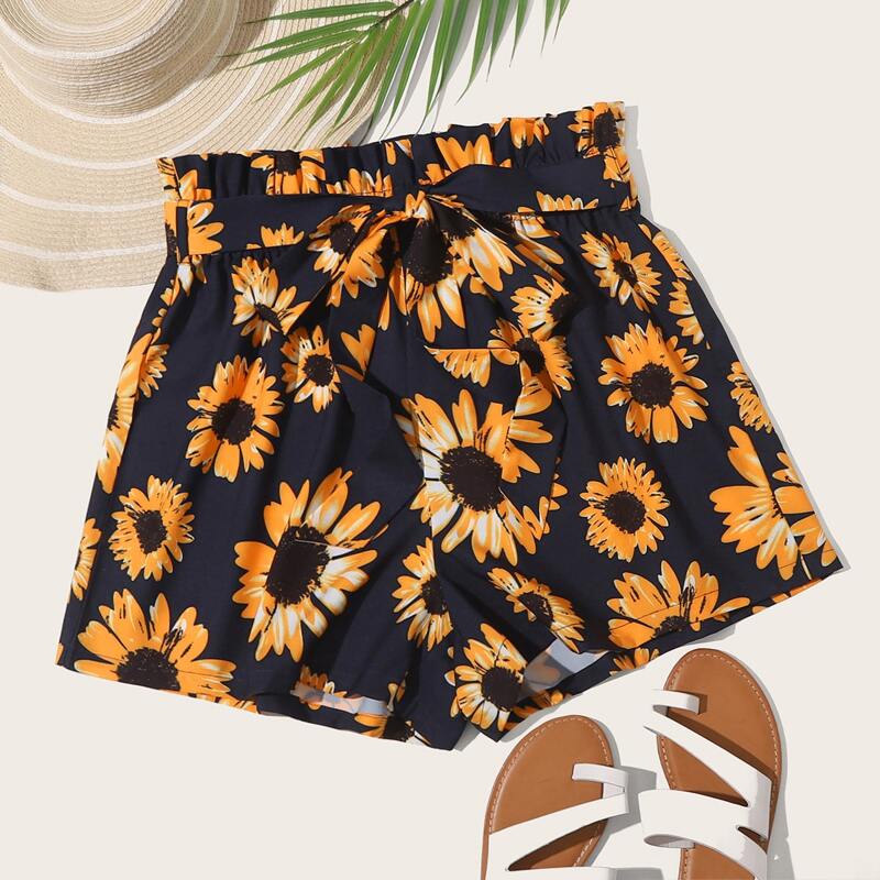 

Paperbag Waist Sunflower Print Shorts, Multicolor