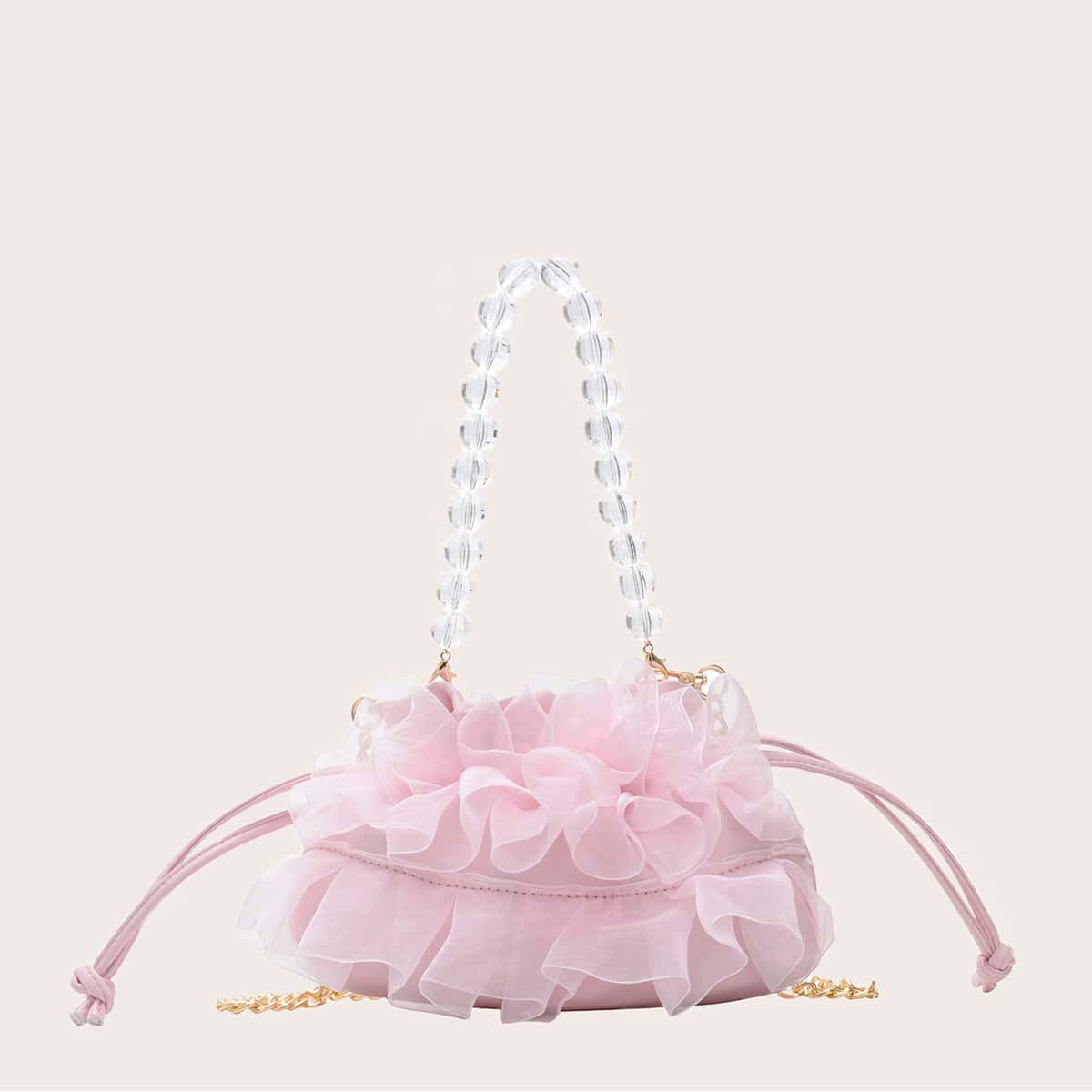 

Mesh Ruffle Decor Drawstring Tote Bag, Pink