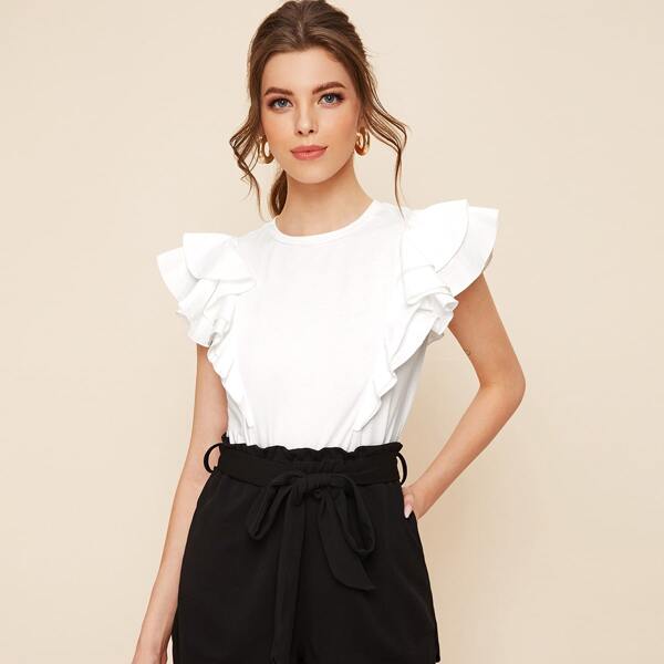 

Layered Ruffle Armhole Solid Top, White
