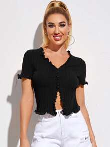 SHEIN Frill Trim Buttoned Front Rib-knit Top - Black - View 1