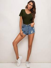 SHEIN Essnce Top tejido de canalé unicolor - Verde militar - Ver 3