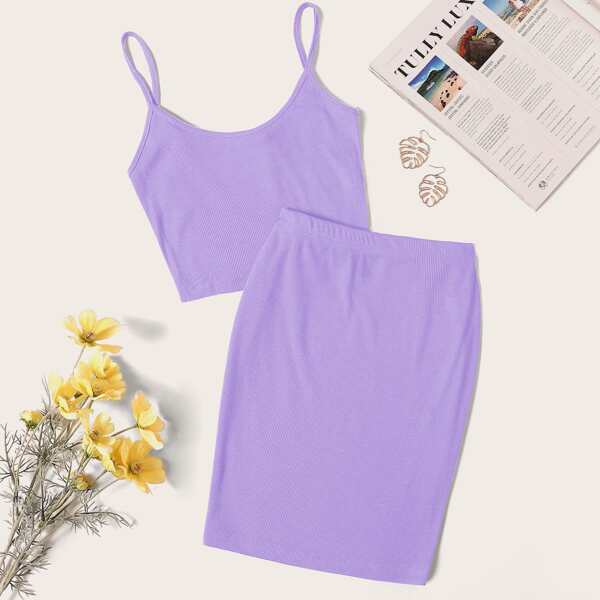 

Solid Rib-knit Cami Top & Skirt Set, Purple pastel