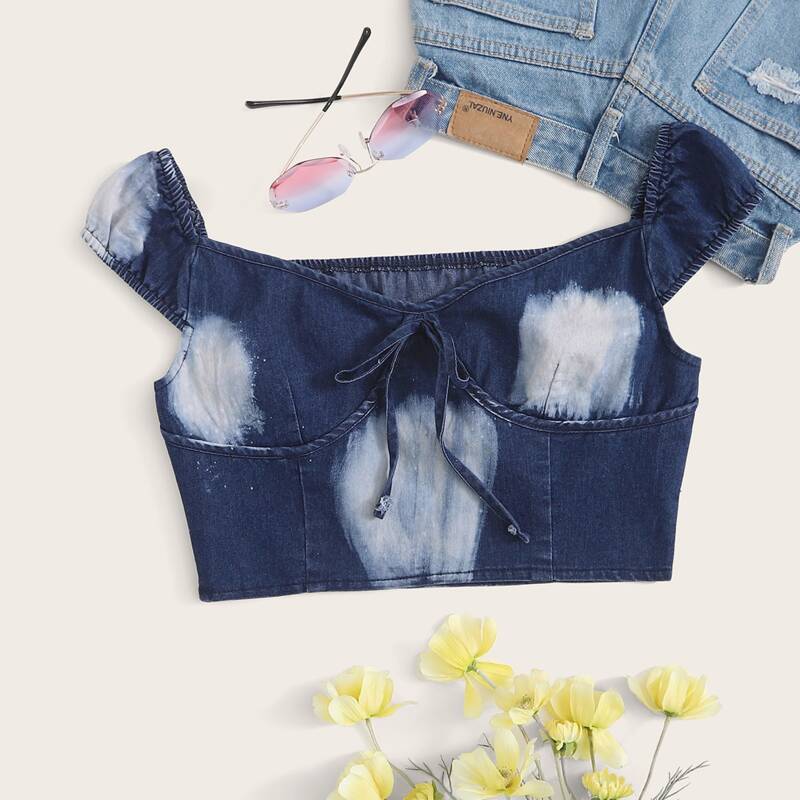 

Tie Front Milkmaid Denim Top, Blue