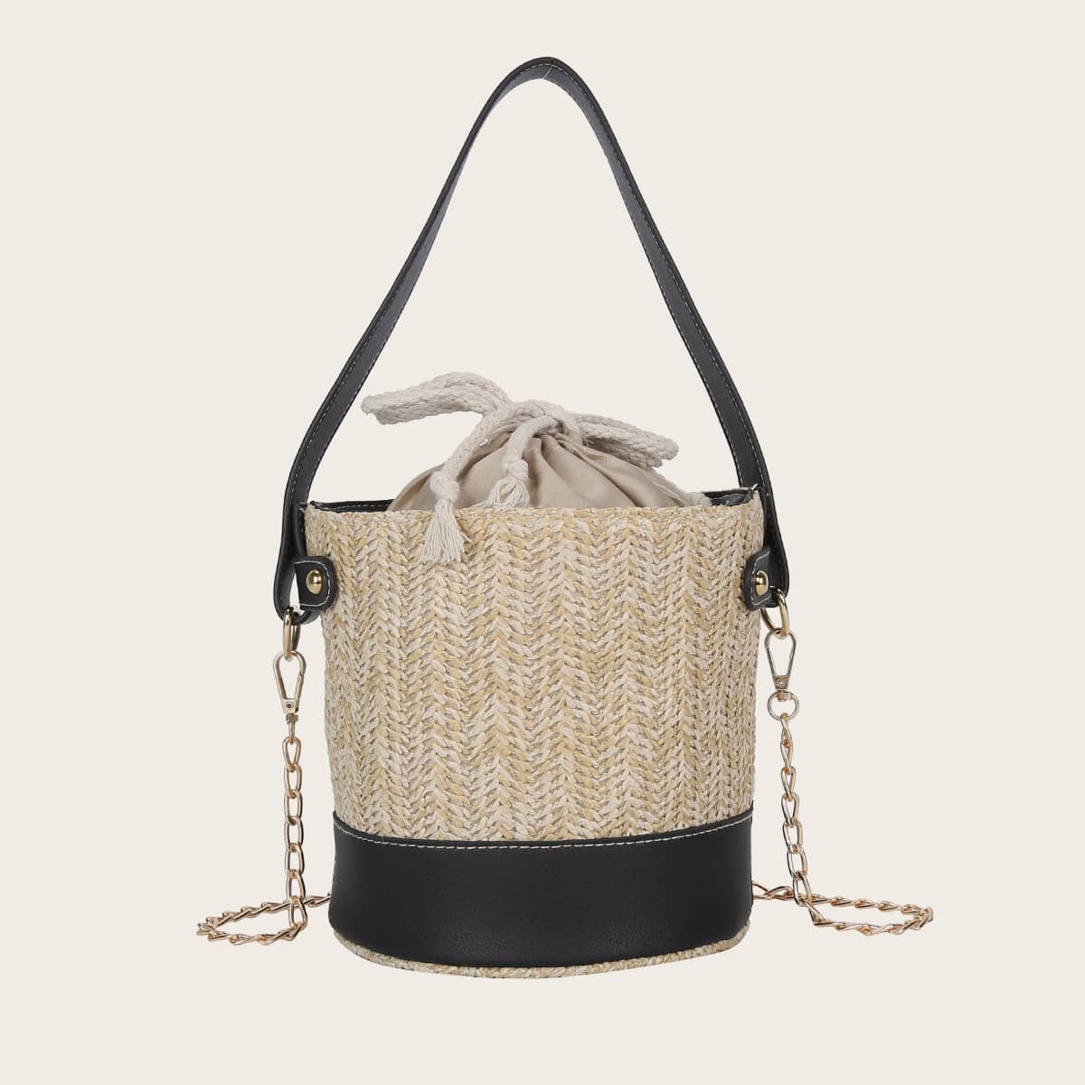 

Contrast PU Woven Satchel Bag With Drawstring, Multicolor