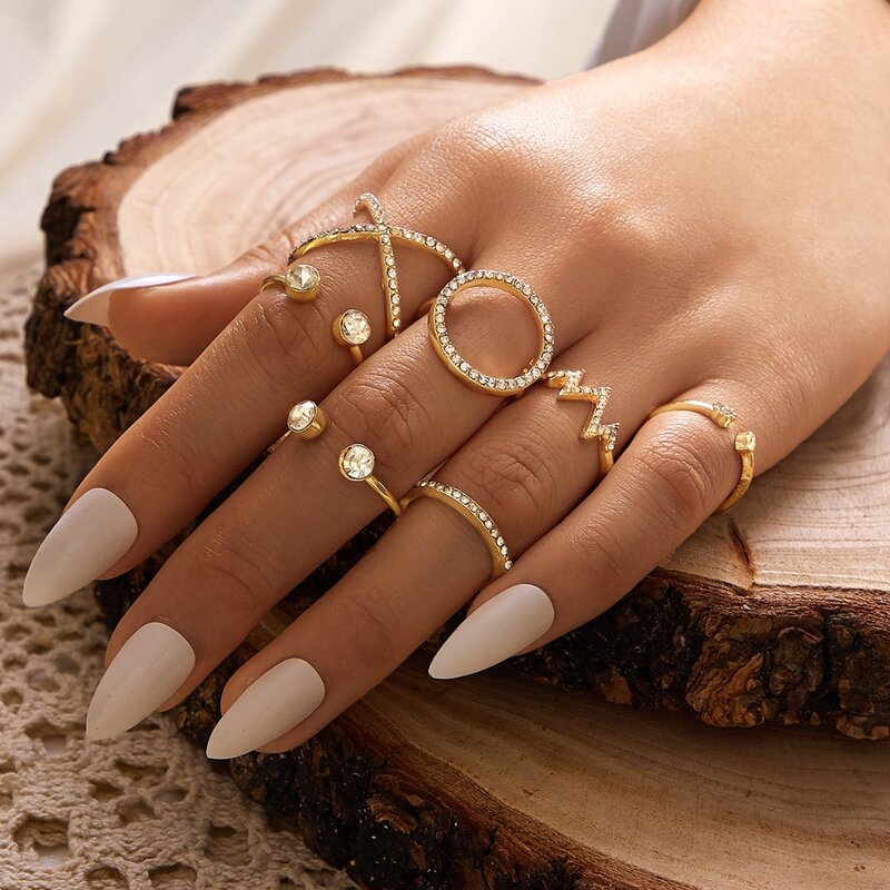 

7pcs Rhinestone Engraved Ring, Gold