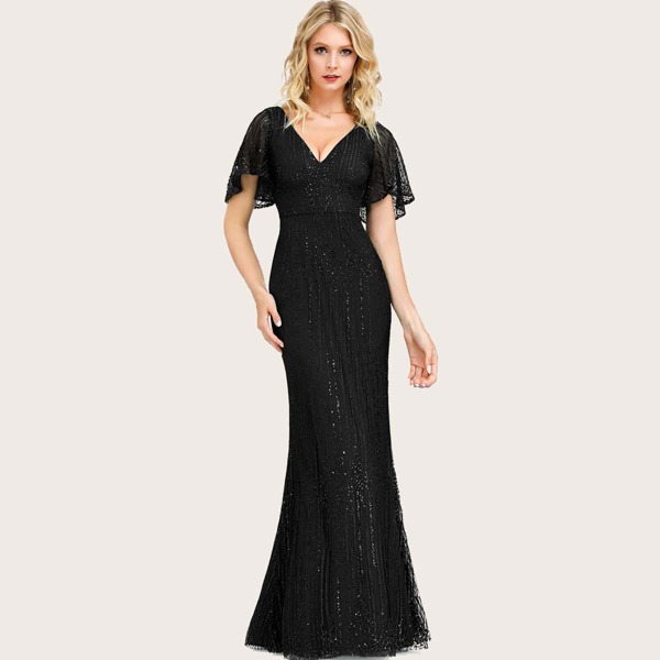

Flutter Sleeve Glitter Mesh Fishtail Dress, Black