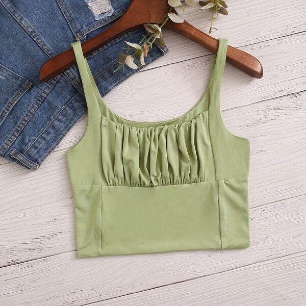 

Solid Wrinkle Front Crop Cami Top, Green