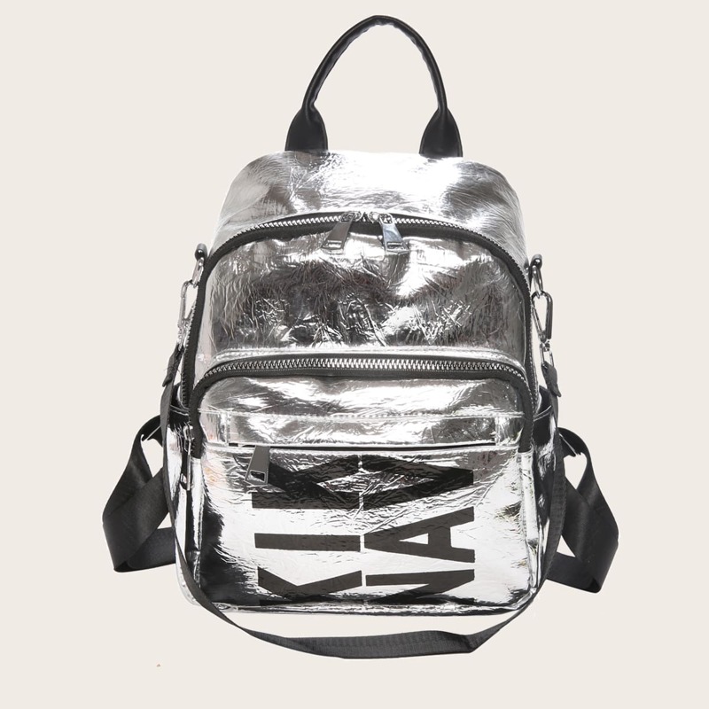 

Metallic Letter Graphic Backpack, Silver