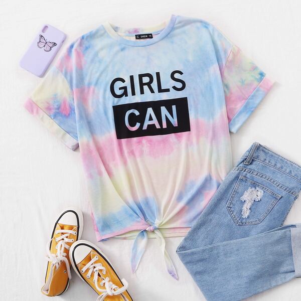 

Plus Rolled Cuff Tie Hem Slogan Graphic Tie Dye Tee, Multicolor