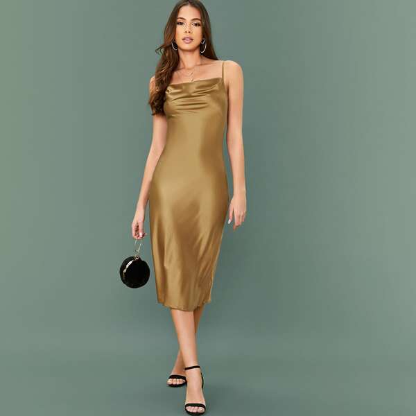 

Cowl Neck Satin Cami Dress, Camel