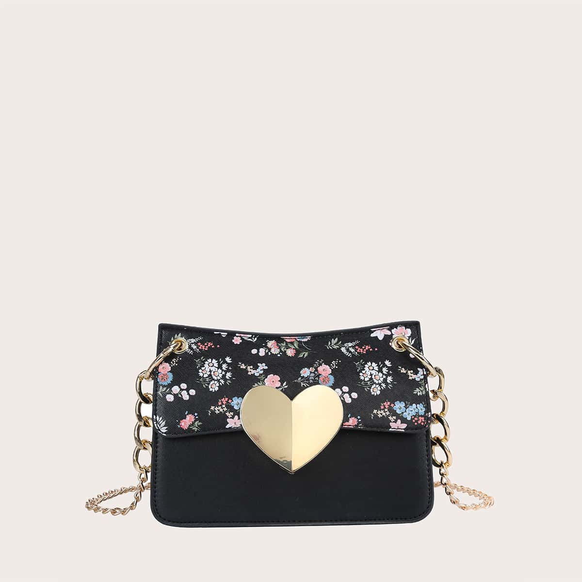 

Heart Decor Ditsy Floral Flap Chain Bag, Black