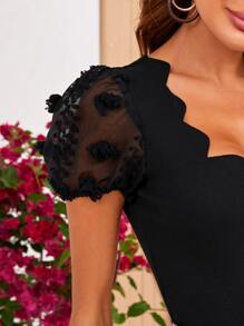 SHEIN Privé Scallop Edge Swiss Dot Puff Sleeve Top - Black - View 5