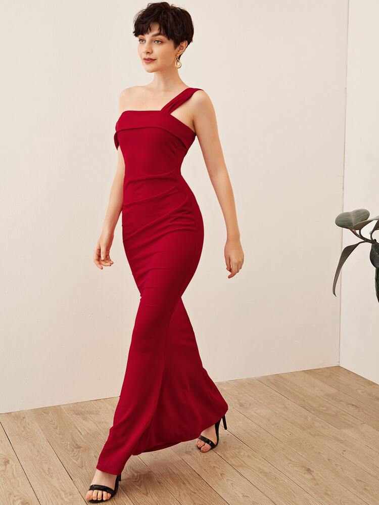 SHEIN Belle Vestido bajo de cola de pez de cuello asimétrico doblado - Burdeos - Añade 3