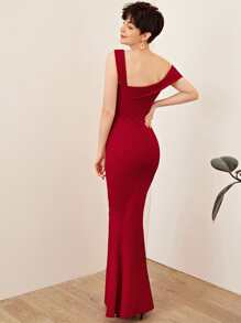 SHEIN Belle Foldover Asymmetrical Neck Fishtail Hem Dress - Burgundy - View 3