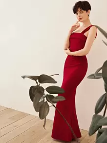 SHEIN Belle Foldover Asymmetrical Neck Fishtail Hem Dress - Burgundy - View 2