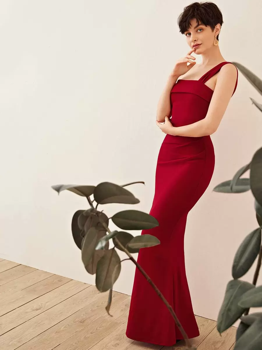 SHEIN Belle Foldover Asymmetrical Neck Fishtail Hem Dress