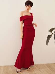 SHEIN Belle Foldover Asymmetrical Neck Fishtail Hem Dress - Burgundy - View 6