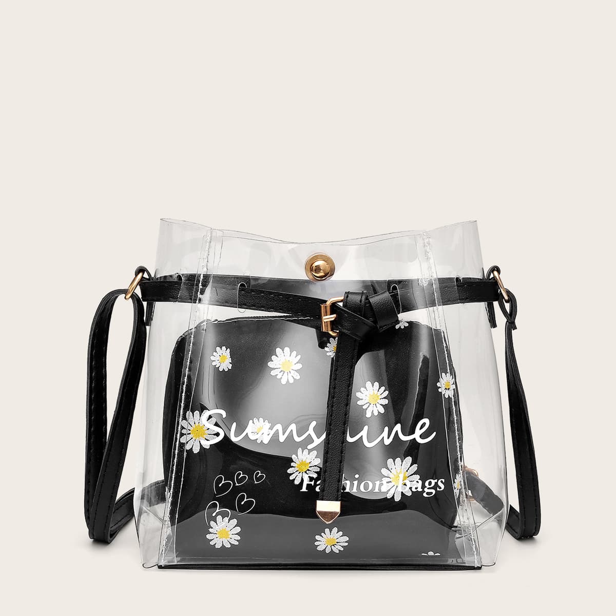 

Clear Crossbody Bag With Daisy Floral Inner Pouch, Black