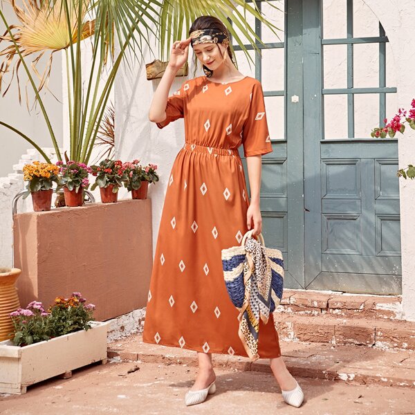 

Geo Print Elastic Waist A-line Dress, Orange