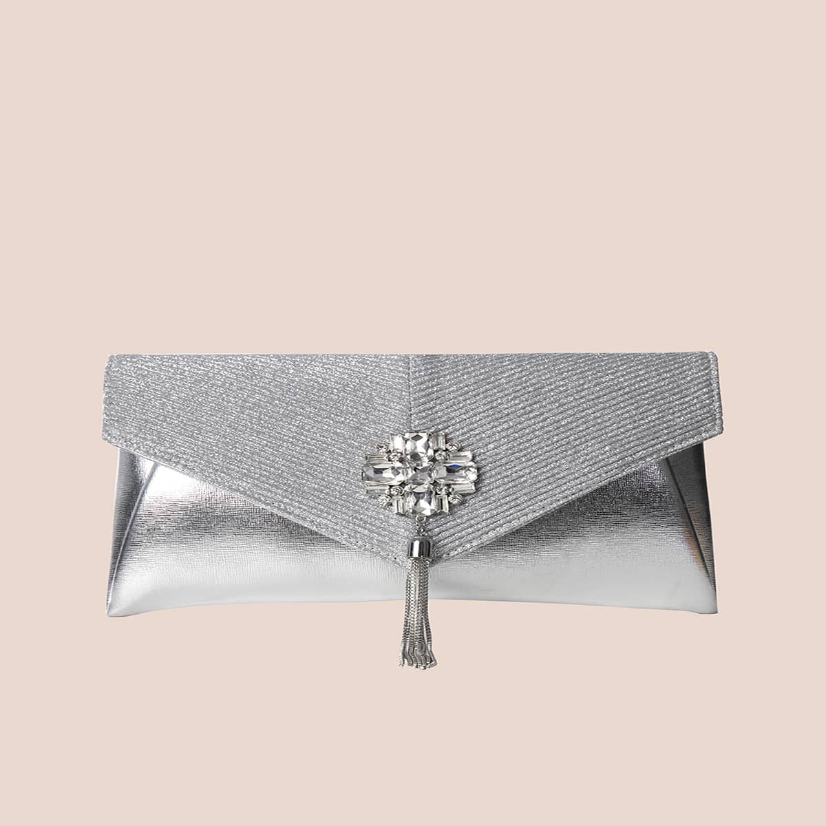 

Metallic Rhinestone Decor Flap Clutch Bag, Silver