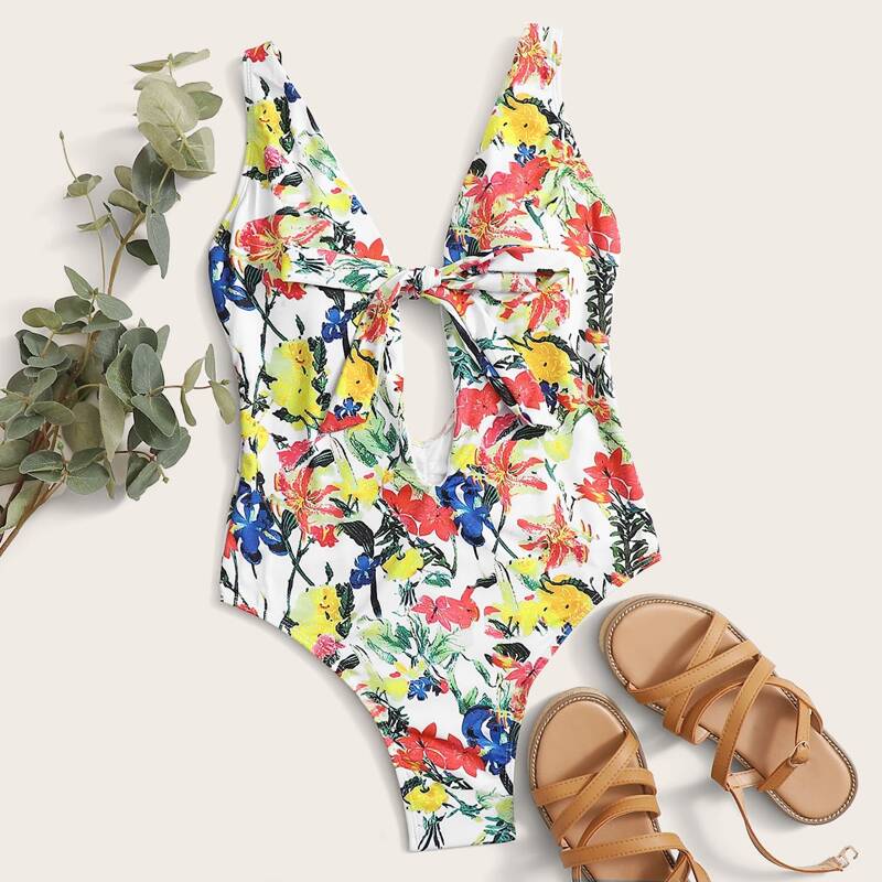 

Floral Knot Front One Piece Swimsuit, Multicolor