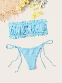 Ruched Frill Bandeau Tie Side Bikini Set Summer Beach - Blue - View 1