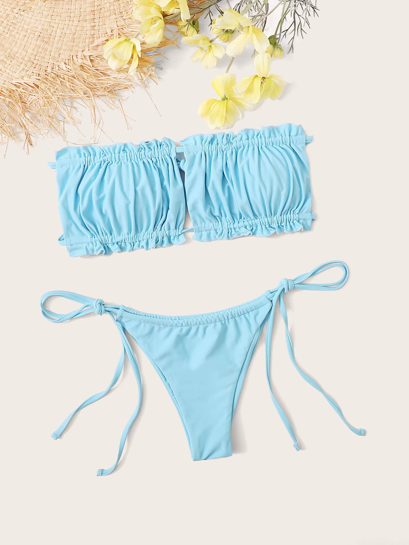 Ruched Frill Bandeau Tie Side Bikini Set Summer Beach - Blue - View 1