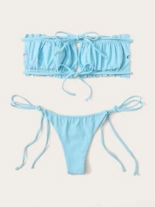 Ruched Frill Bandeau Tie Side Bikini Set Summer Beach - Blue - View 2