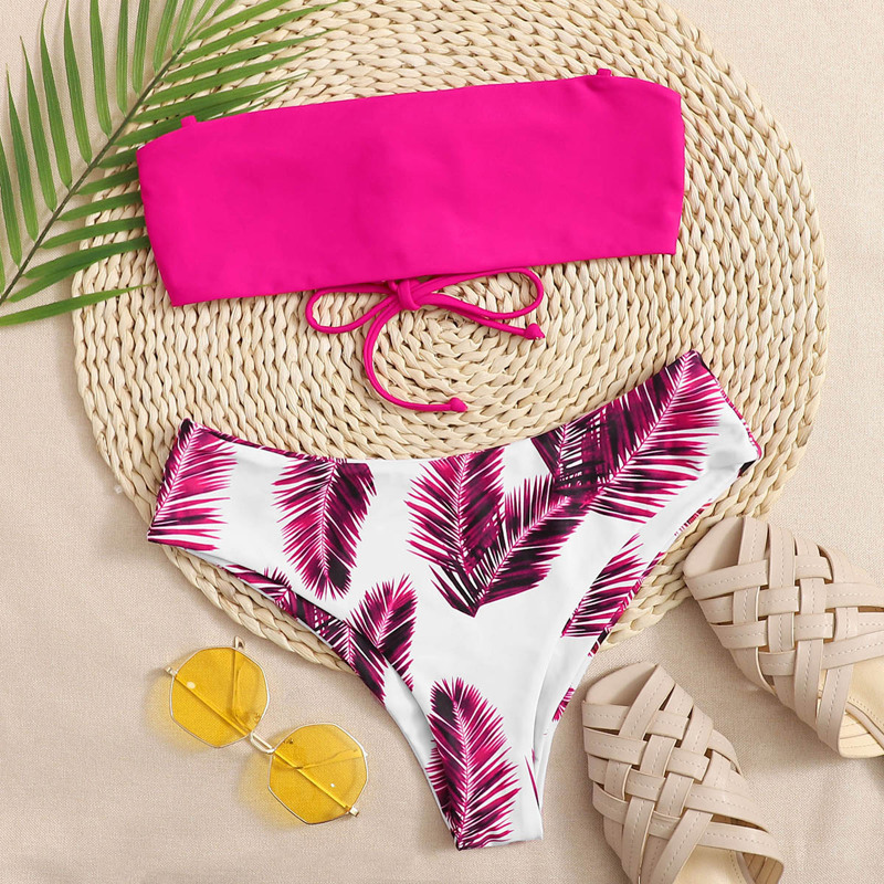

Palm Print Lace-up Bandeau Bikini Swimsuit, Pink bright