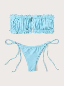 Ruched Frill Bandeau Tie Side Bikini Set Summer Beach - Blue - View 3