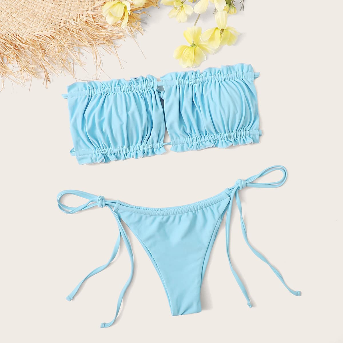 

Ruched Frill Bandeau Tie Side Bikini Swimsuit, Blue
