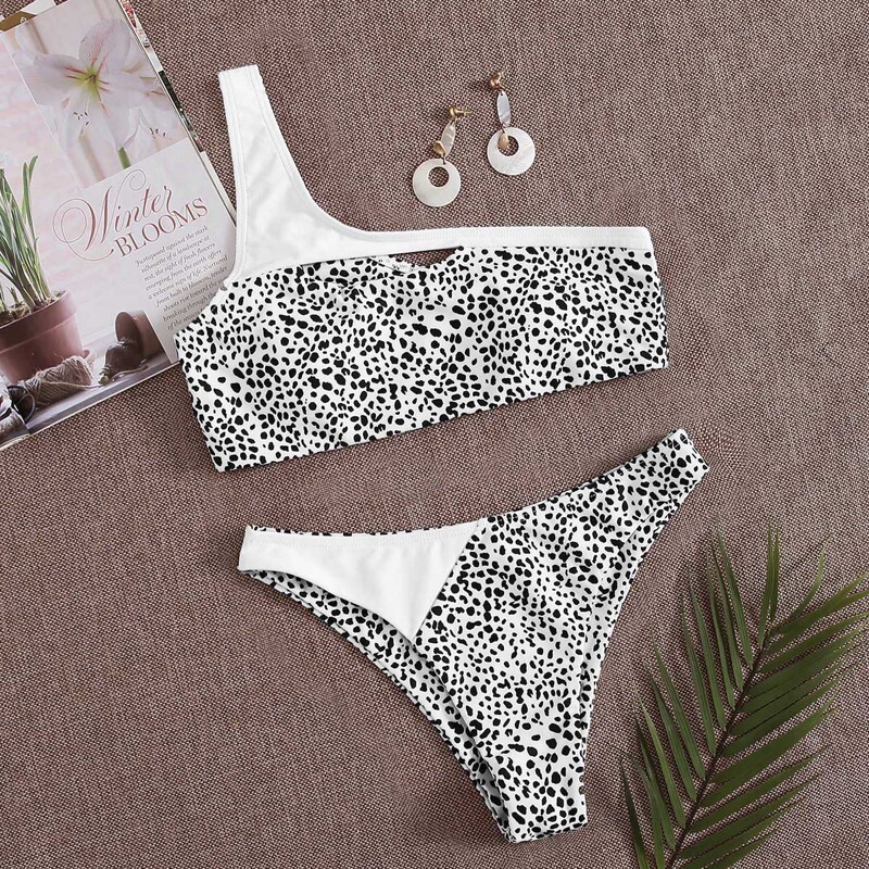 

Dalmatian One Shoulder Bikini Swimsuit, Black and white