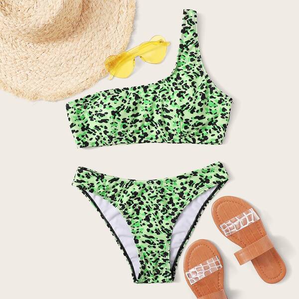 

Leopard One Shoulder Bikini Swimsuit, Green