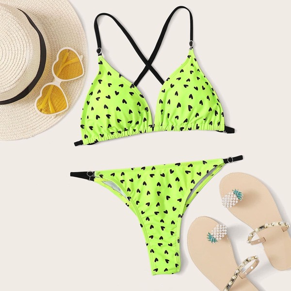 

Neon Green Heart Print Triangle Bikini Swimsuit, Green bright
